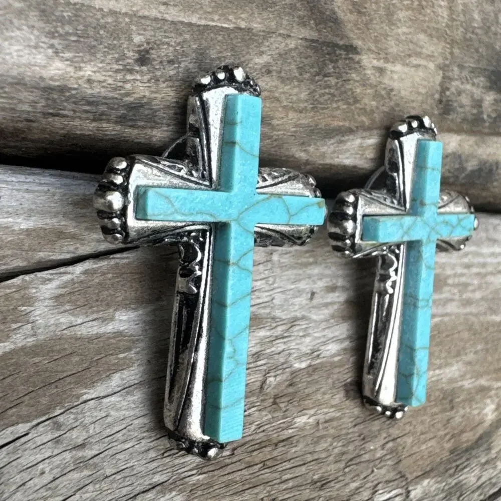 Turquoise Tone Howite or Plastic Cross Earrings Western Boho Silver Tone Post